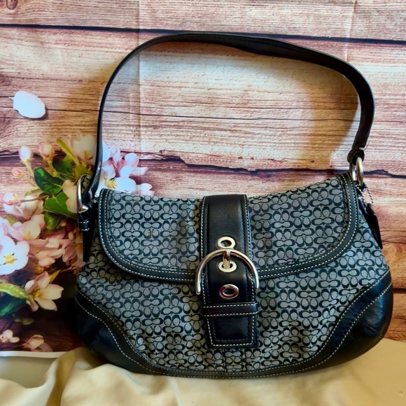 Coach Signature C Canvas Leather Trim Buckle Shoulder Bag Black Gray - Picture 1 of 10
